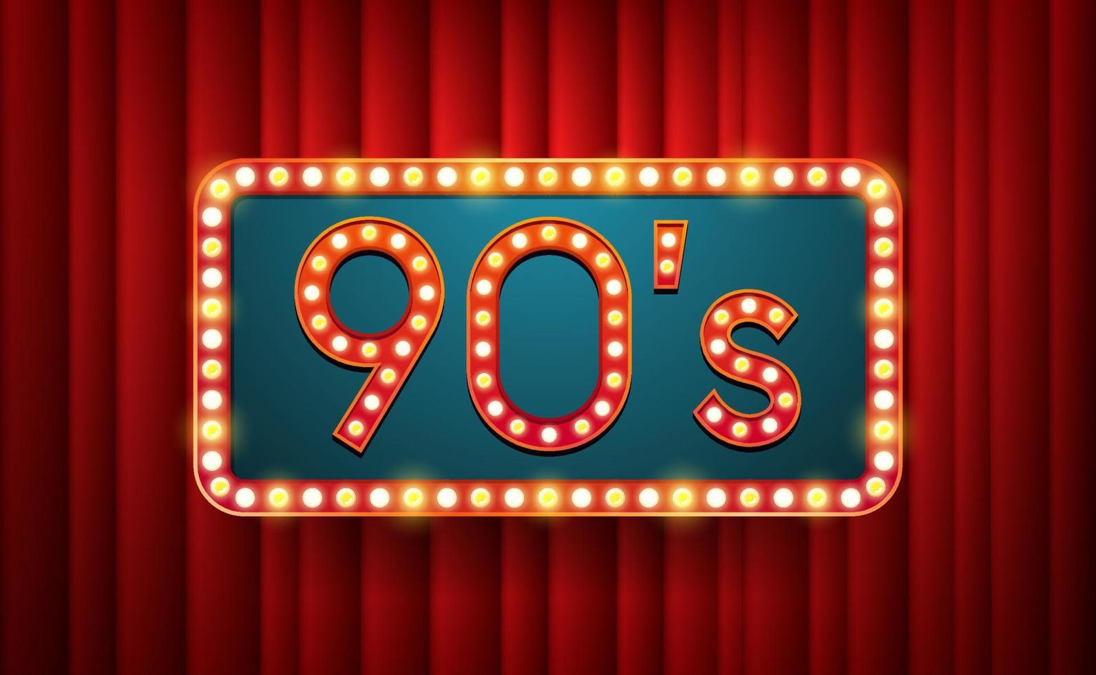 90's. text with electric bulbs frame on red background. Vector illustration