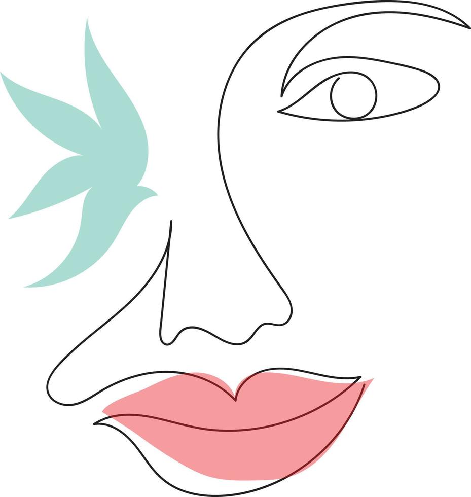 Woman's face with bird wings instead of eye hand drawn vector illustration in line art style