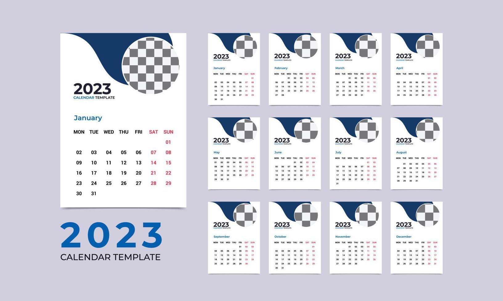 Monthly wall calendar template for 2023 year. Week starts from Sunday. 12 months templates. 2023 minimal wall calendar planner design for printing template. vector illustration.