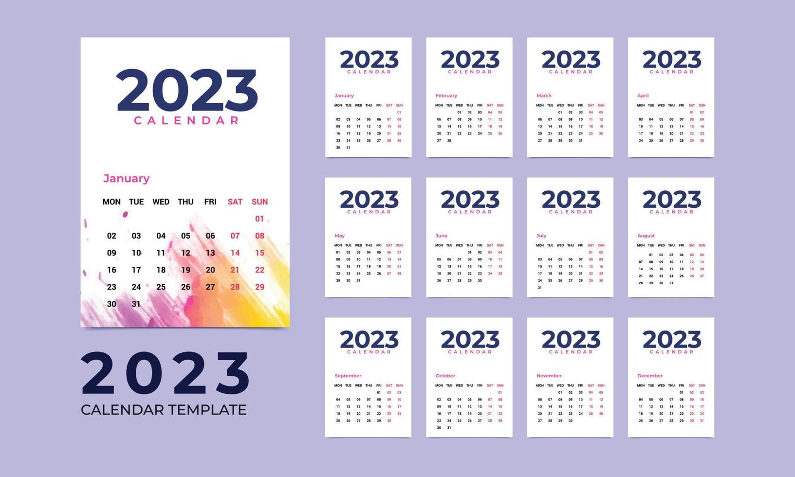 Monthly wall calendar template for 2023 year. Week starts from Sunday. Corporate and business calendar., 12 months templates. 2023 minimal wall calendar planner design for printing template. vector
