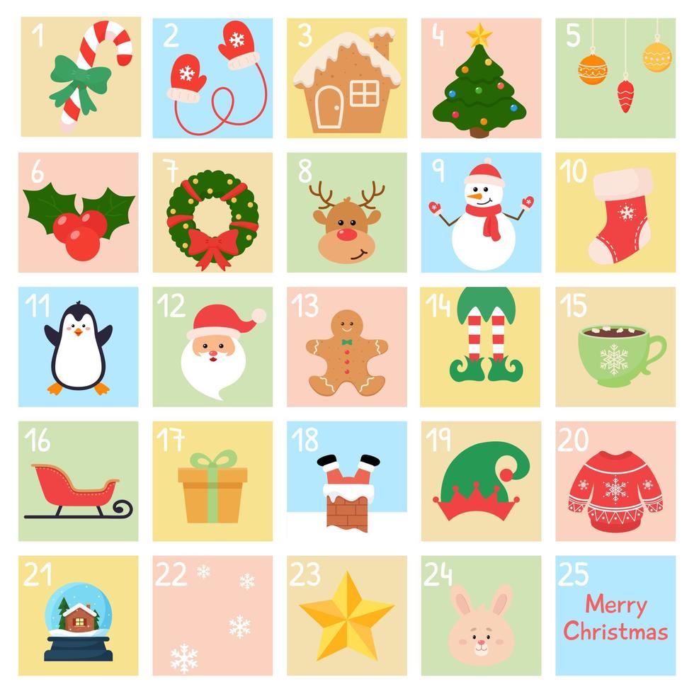 calendario de adviento de navidad. calendario de adviento para abrir en vacaciones de navidad con lindos animales y símbolos tradicionales. elementos de diseño de vacaciones de invierno. vector