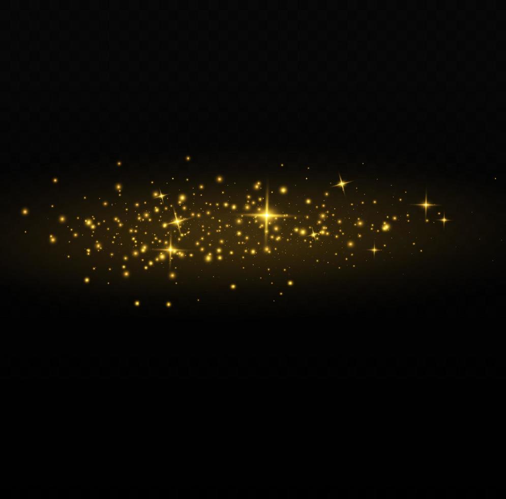 Vector sparkles. Gold dust. Yellow sparks shine light effect. Christmas abstract smoke and wind pattern. Shiny fairy dust particles with smoke and star in yellow color.