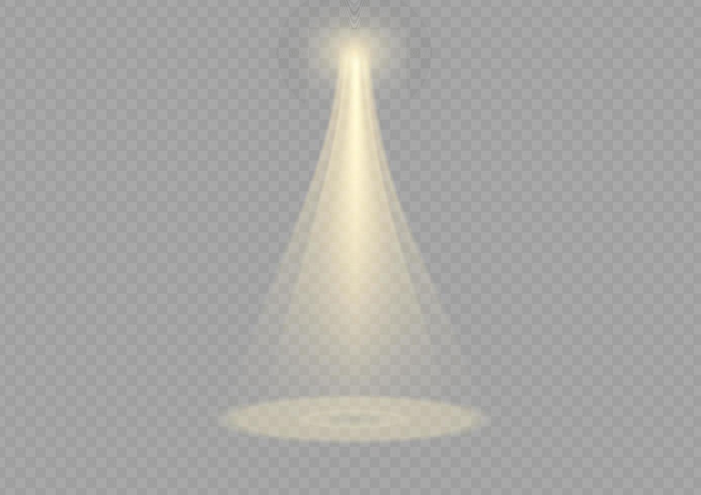 Vector spotlight. Yellow color light effect. Glowing isolated golden sparkling light effect. Spark spotlight special effect design. Ray vector element. Glowing isolated yellow.