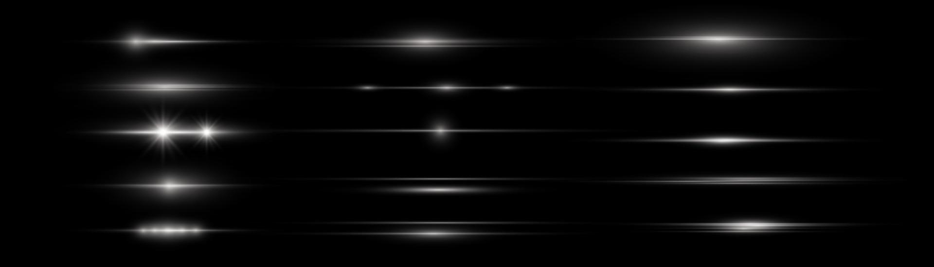 Horizontal beams of light. Beautiful light reflections. Glowing stripes on a light background. Glowing abstract sparkling background. Set of white horizontal highlights. Laser beams. spark and stars. vector