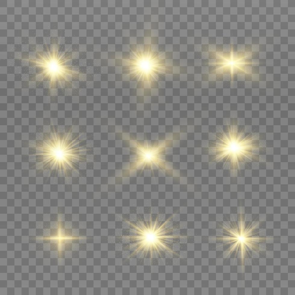 conjunto de efectos de luz aislados brillantes, destello de lente, explosión, brillo, línea, destello solar, chispa y estrellas. diseño abstracto de elementos de efectos especiales. rayo de brillo con vector