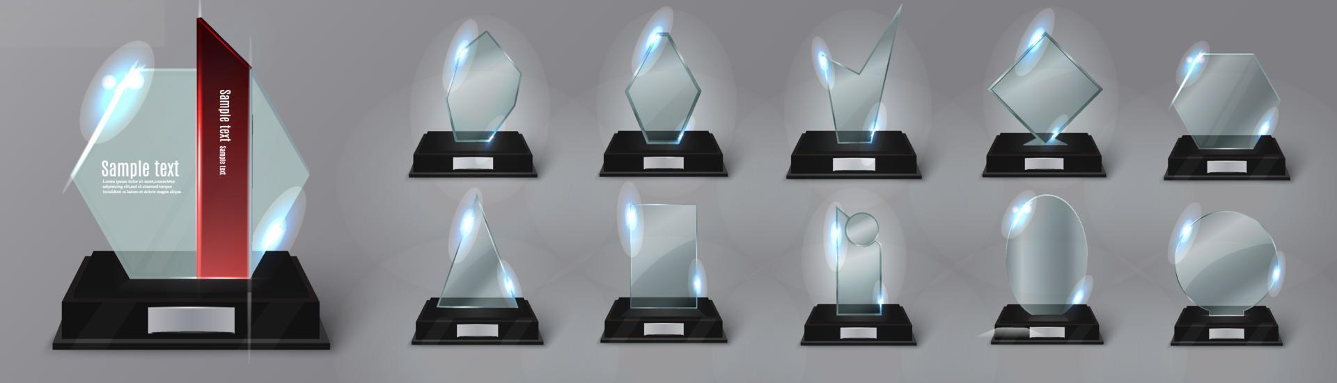 Empty glass trophy background. Glossy trophy for award. Realistic empty illustration. Black booth 3D. Vector crystal trophy for winner and achievements. Cup for the champion.