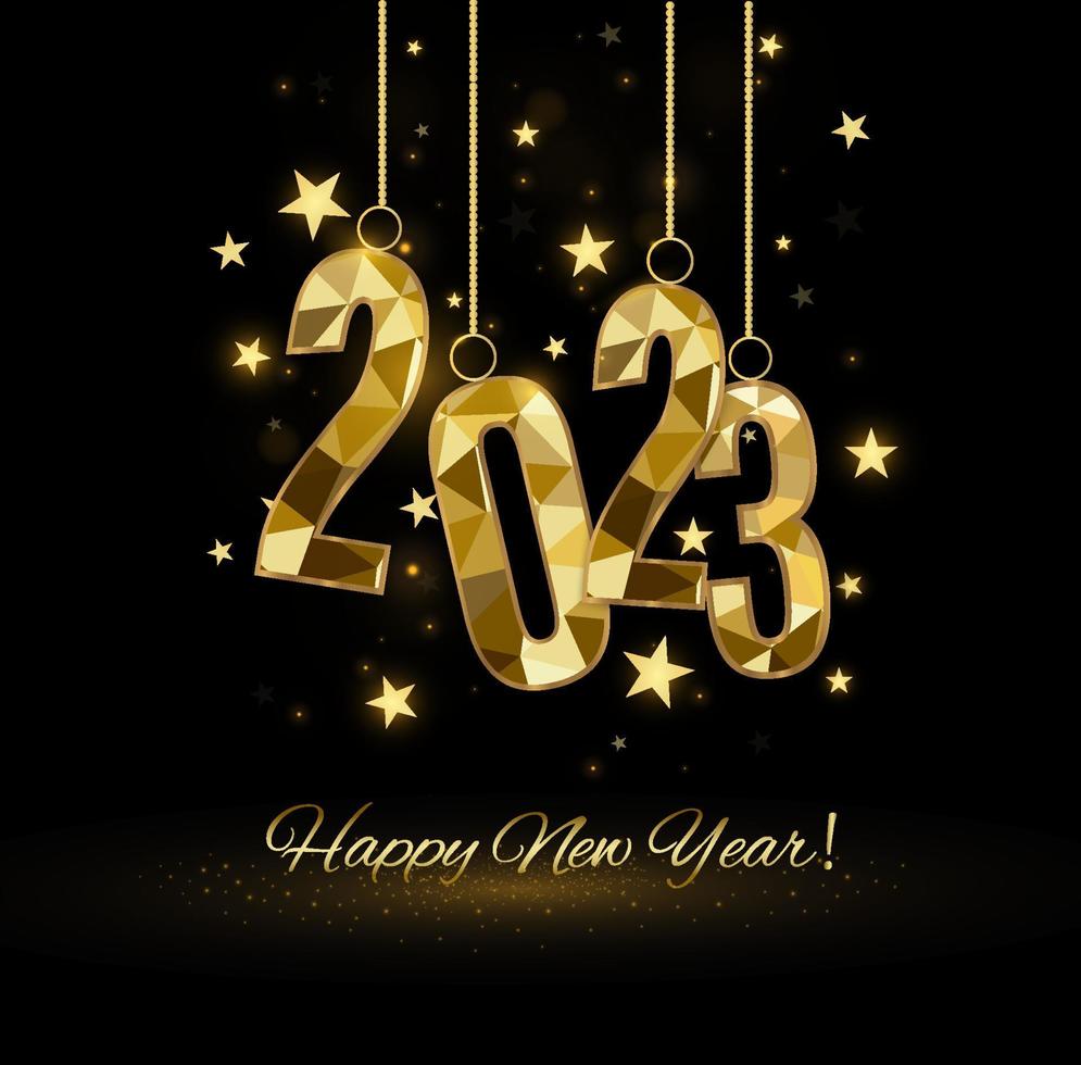 2023 Happy New Year background design. Postcard, banner, poster. Handwritten lettering, design, sparkling, gold, star. vector