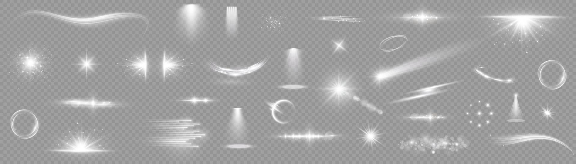 Sunlight, abstract special effect. Light effect set. Glow isolated white  light effect set. lens flare, explosion, glitter, dust, line, sun flash, spark and stars, spotlight, curve twirl. vector