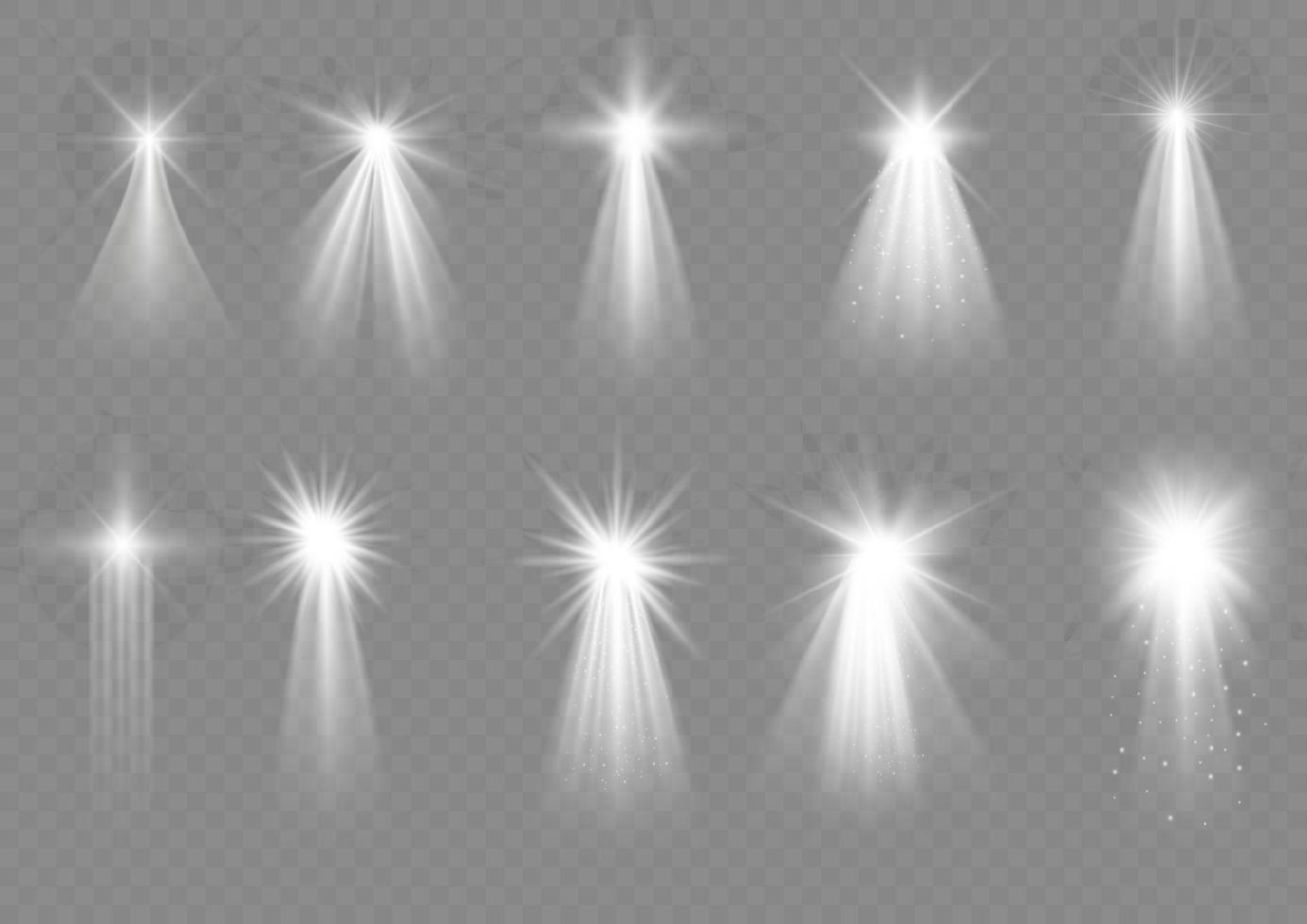 Christmas star with spotlight. Light effect white color. Glowing isolated white sparkling light effect. Spark spotlight special effect design. Ray vector element.