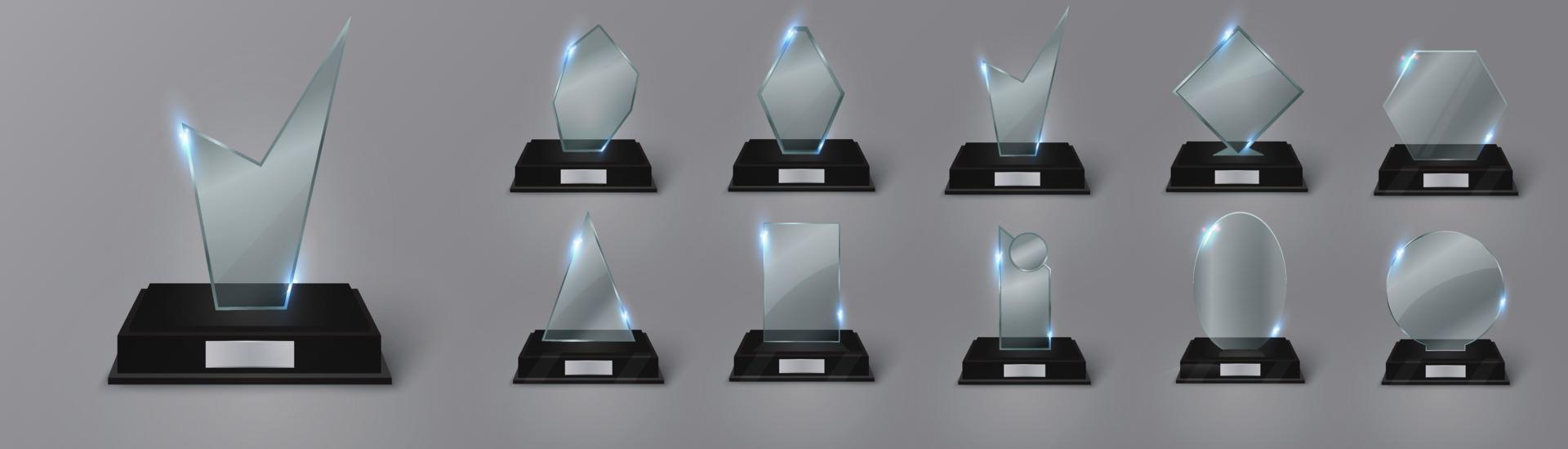 Empty glass trophy background. Glossy trophy for award. Realistic empty illustration. Black booth 3D. Vector crystal trophy for winner and achievements. Cup for the champion.