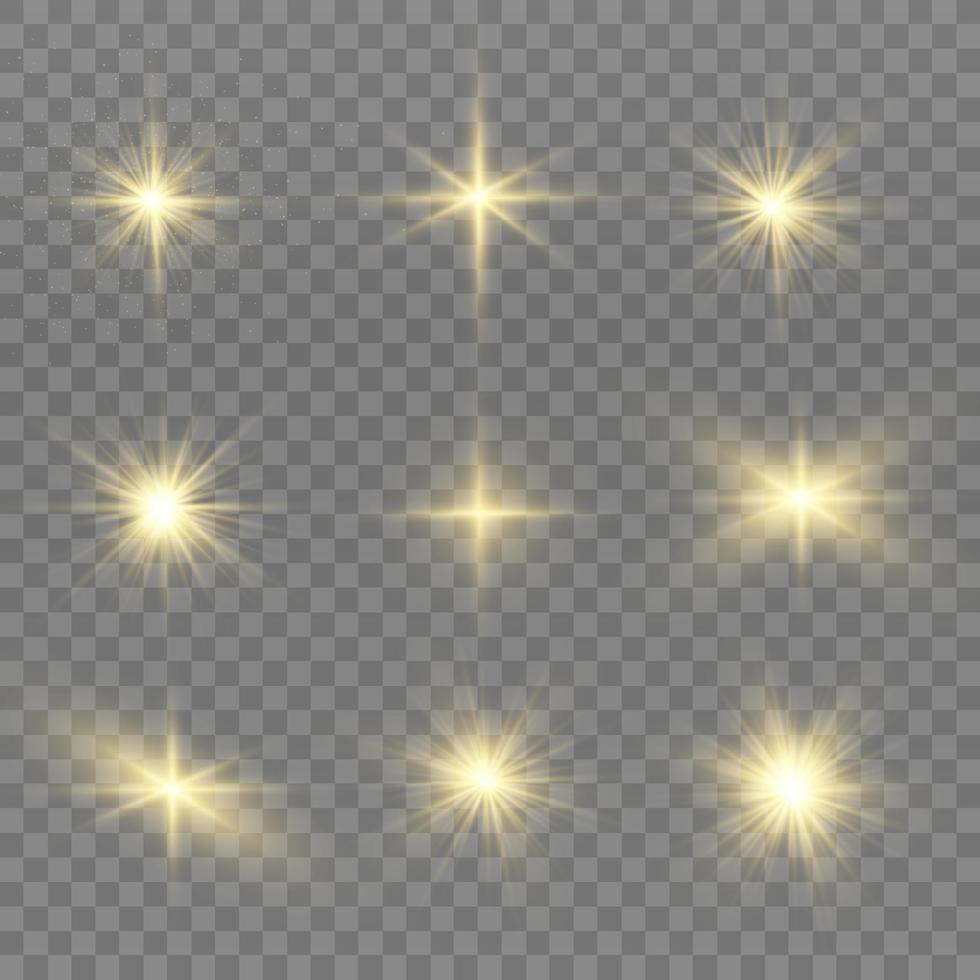 conjunto de efectos de luz aislados brillantes, destello de lente, explosión, brillo, línea, destello solar, chispa y estrellas. diseño abstracto de elementos de efectos especiales. rayo de brillo con vector