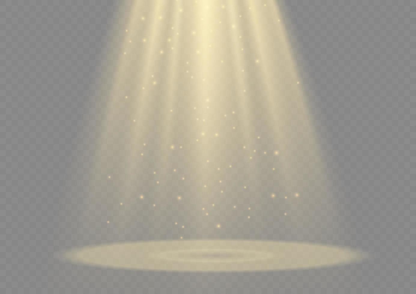 Vector spotlight. Yellow color light effect. Glowing isolated golden sparkling light effect. Spark spotlight special effect design. Ray vector element. Glowing isolated yellow.