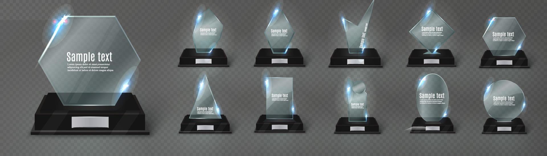 Empty glass trophy background. Glossy trophy for award. Realistic empty illustration. Black booth 3D. Vector crystal trophy for winner and achievements. Cup for the champion.