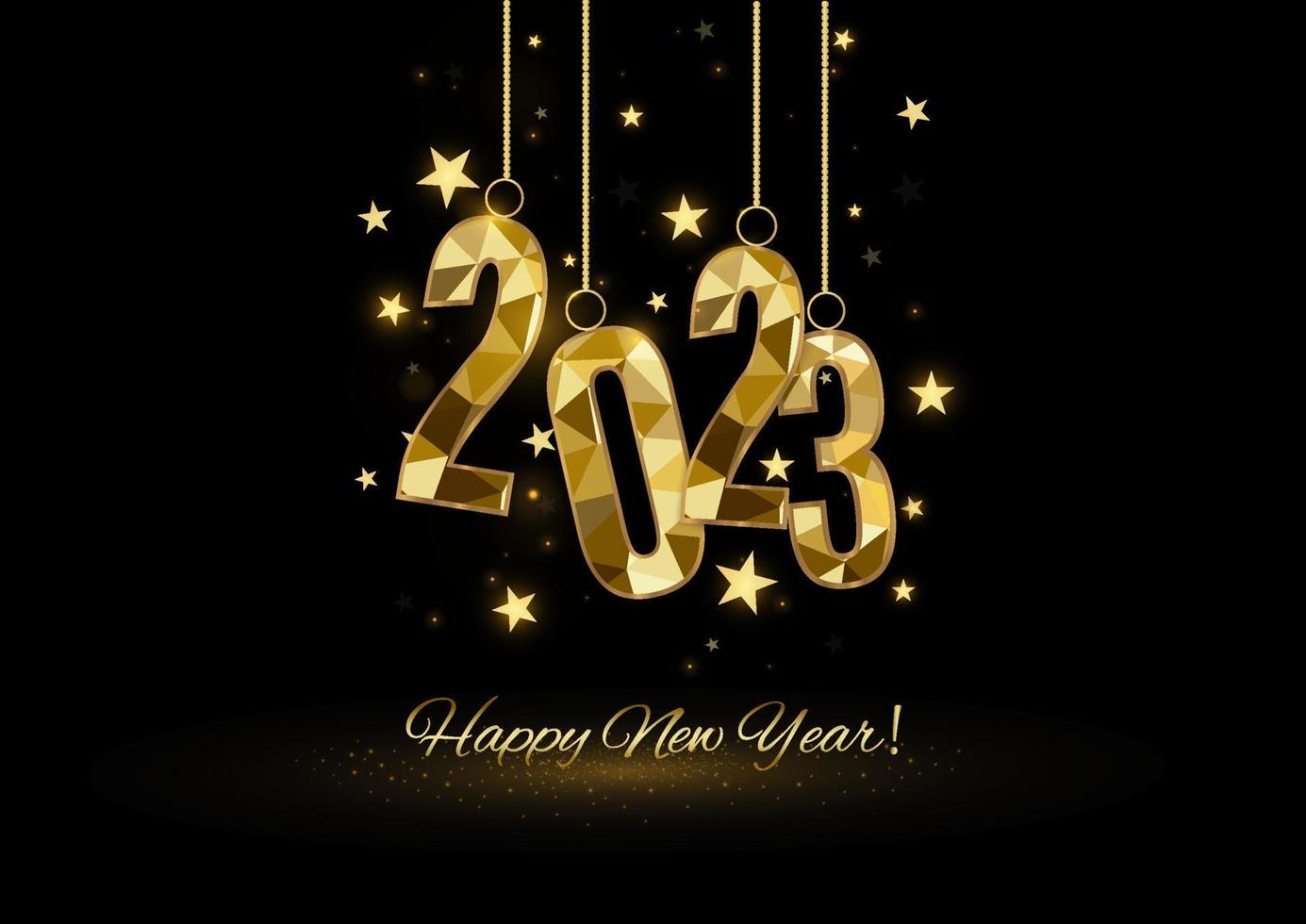 2023 Happy New Year background design. Postcard, banner, poster. Handwritten lettering, design, sparkling, gold, star. vector