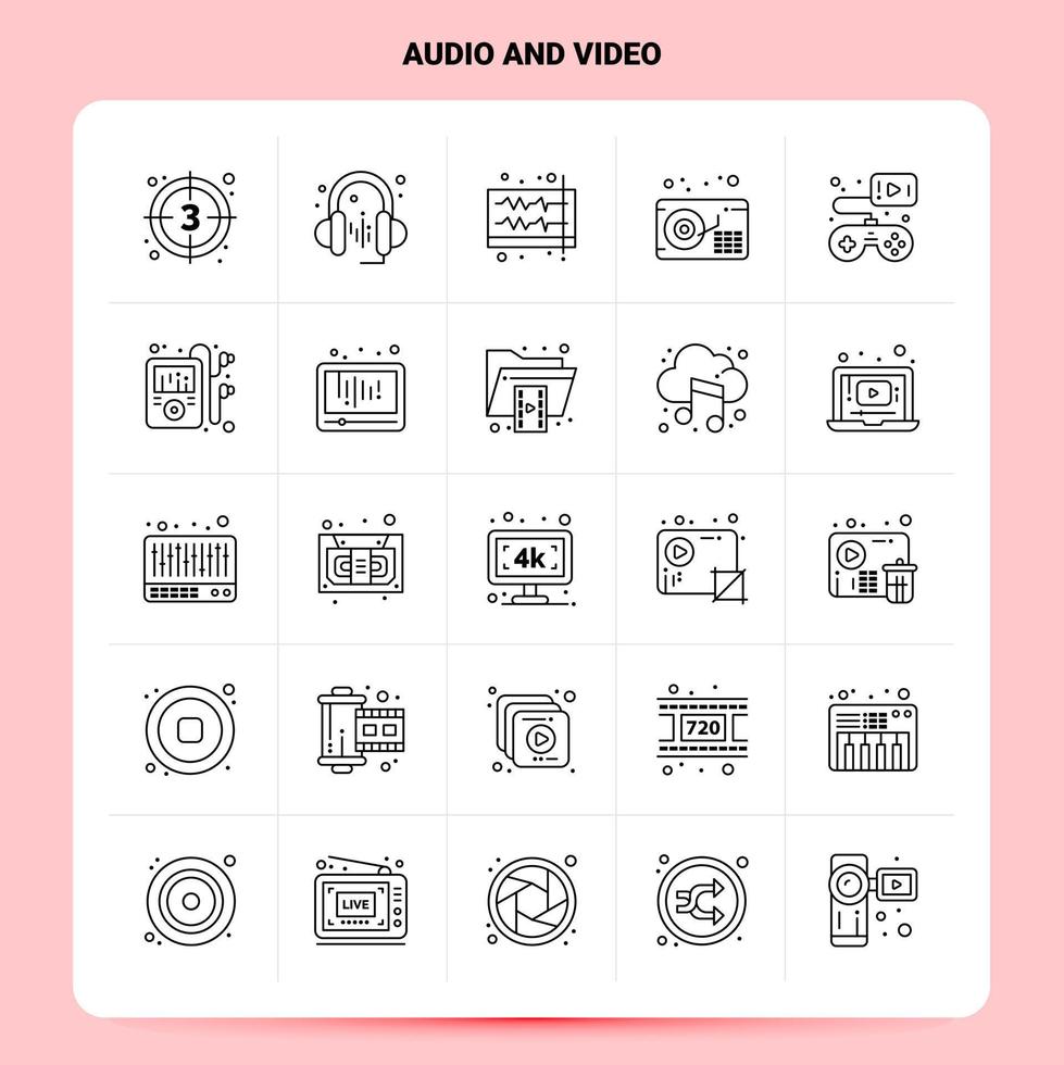 OutLine 25 Audio And Video Icon set Vector Line Style Design Black Icons Set Linear pictogram pack Web and Mobile Business ideas design Vector Illustration
