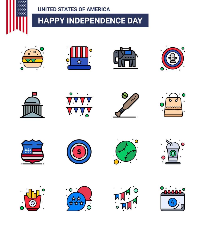 Set of 16 Modern Flat Filled Lines pack on USA Independence Day green city american badge celebration Editable USA Day Vector Design Elements