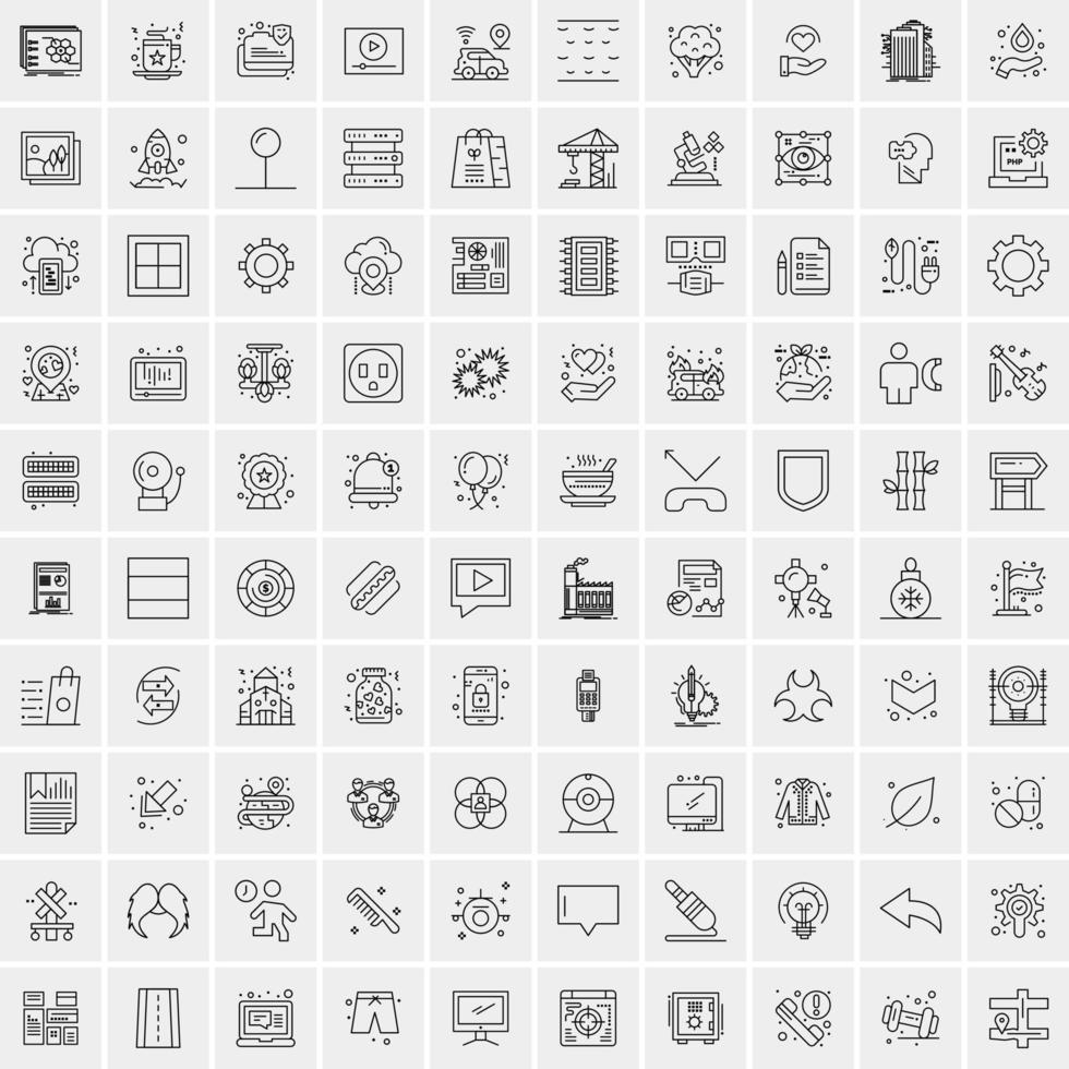 100 Universal Black Line Icons on White Background vector