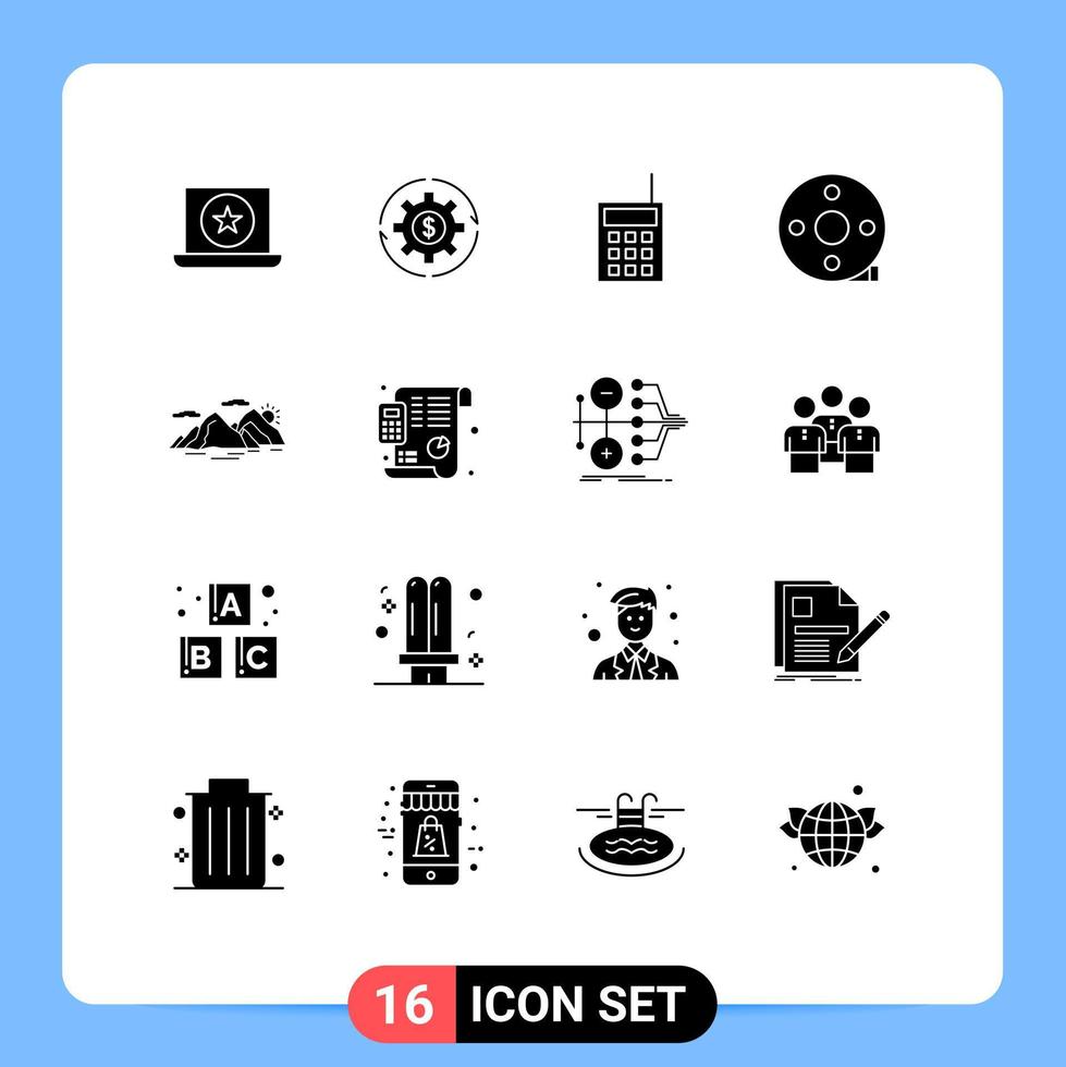 Mobile Interface Solid Glyph Set of 16 Pictograms of cinematography walkie making talkie hardware Editable Vector Design Elements