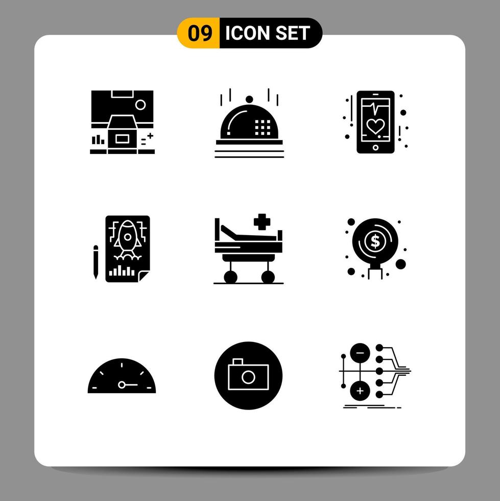 9 User Interface Solid Glyph Pack of modern Signs and Symbols of bed rocket beat pencle phone Editable Vector Design Elements