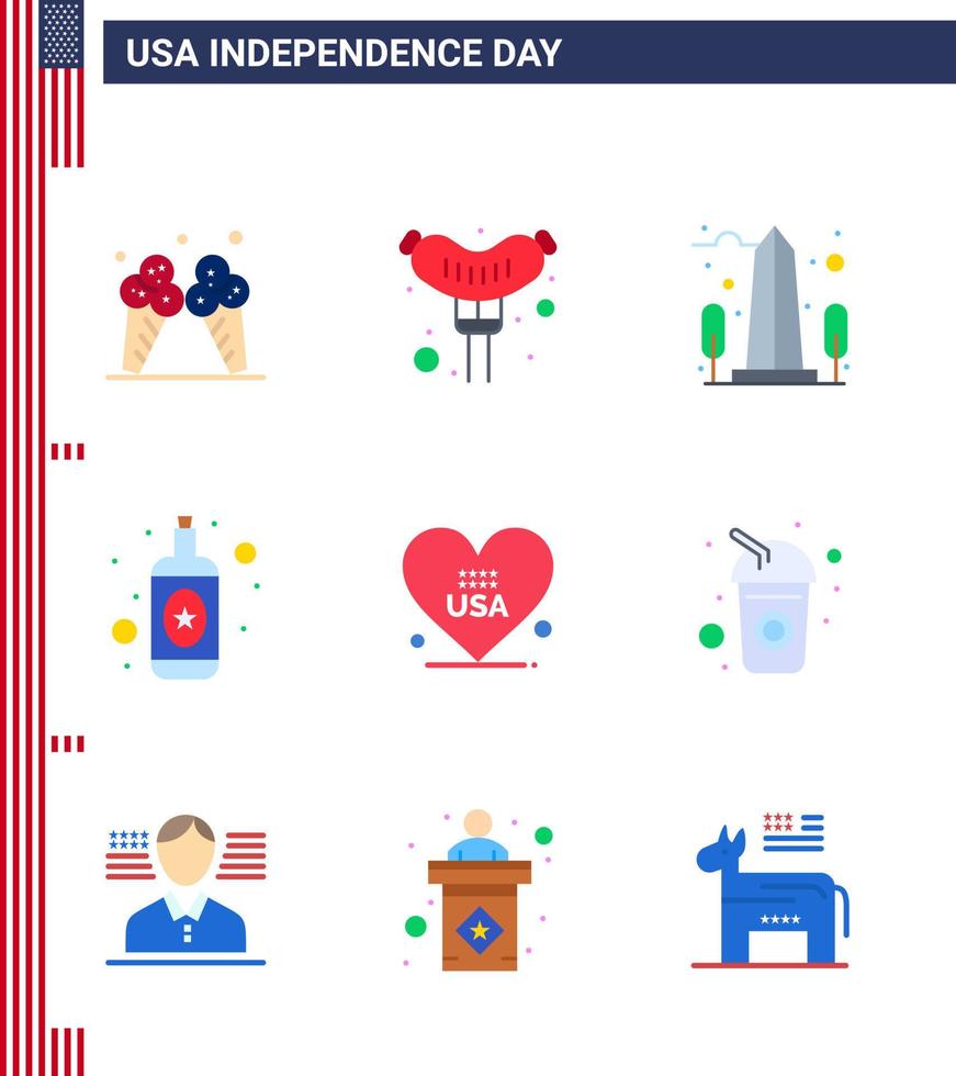 Big Pack of 9 USA Happy Independence Day USA Vector Flats and Editable Symbols of american heart monument wine alcohol Editable USA Day Vector Design Elements