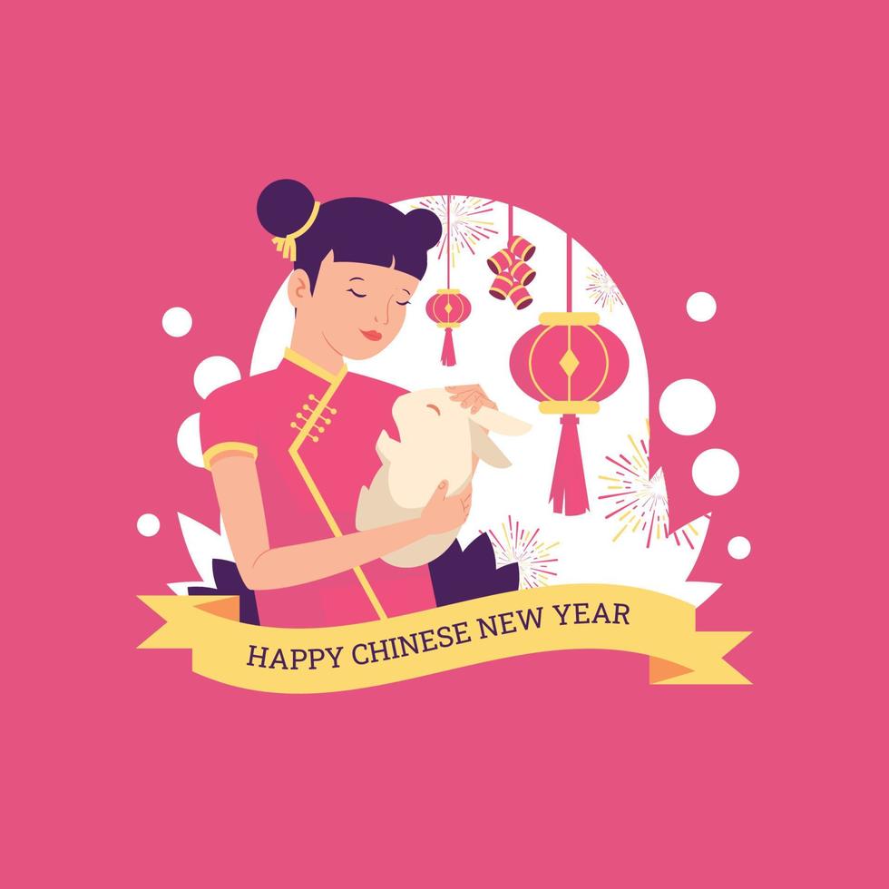 Girl Hugging a Rabbit on Chinese New Year vector