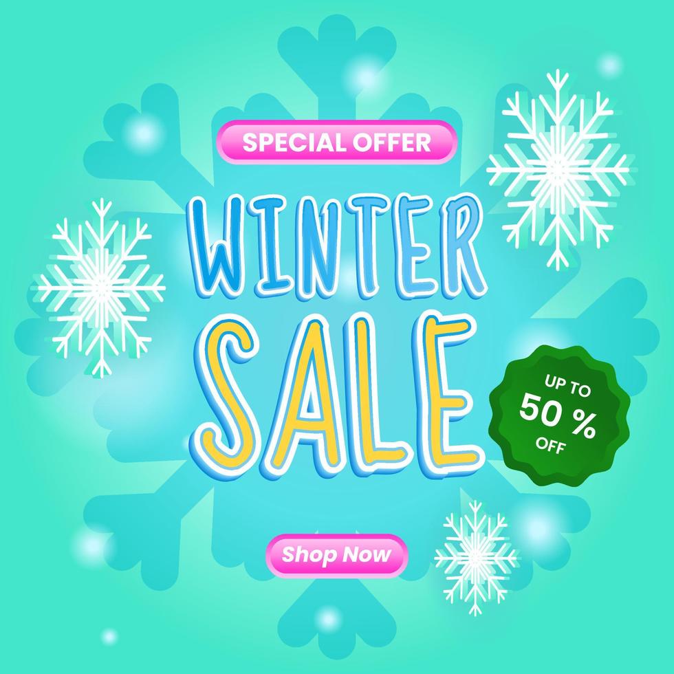 winter promotion poster design template with snow elemets, snowflakes and text. colorful, modern, simple and fun style. use for advert, ads, banner and flyer vector