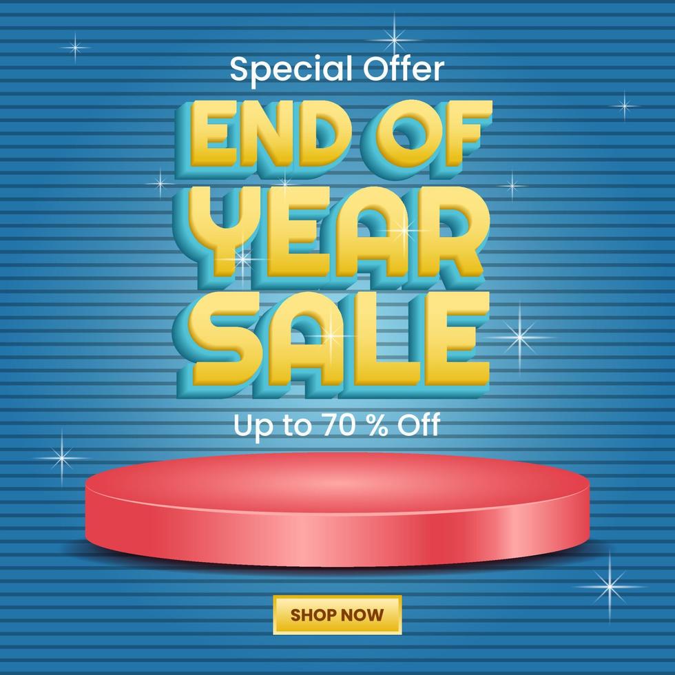 simple design with 3d text effect, podium and dark blue background with stripes pattern. use for end of year sale promotion, banner, poster, brochure, advert and ads vector