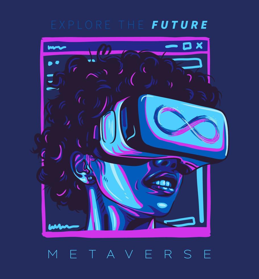 Metaverse Digital Virtual Reality Technology of a woman wearing VR head-mounted playing game vector