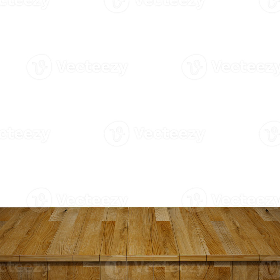 Wooden table foreground, wood table top front view 3d render isolated png