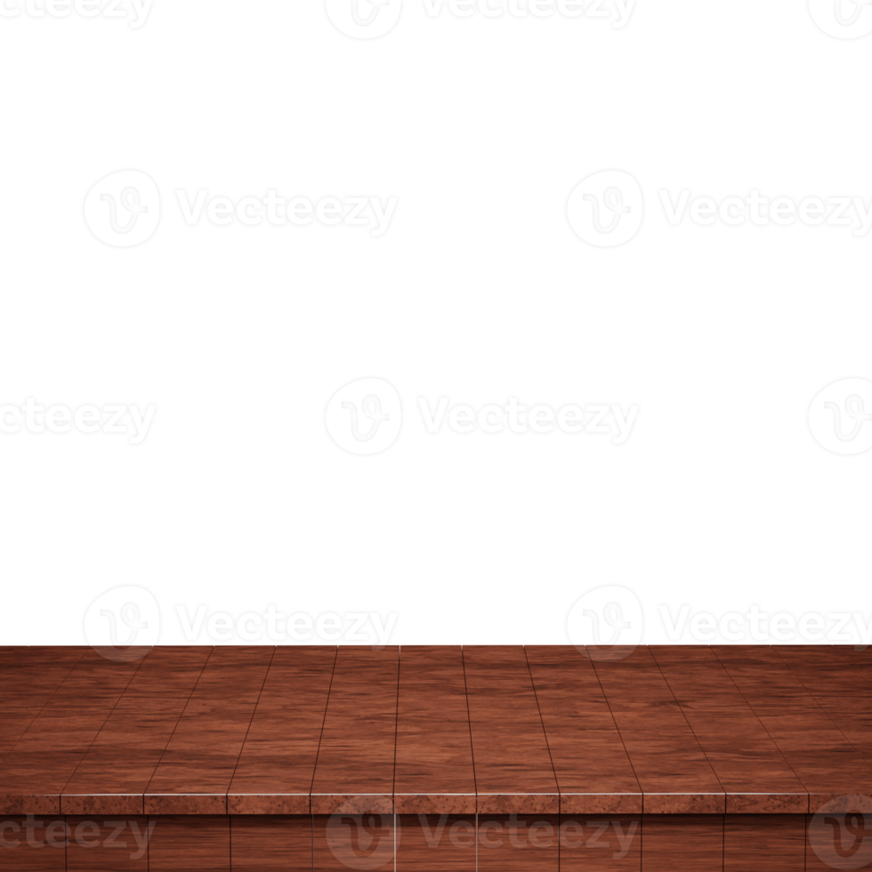 Wooden table foreground, wood table top front view 3d render isolated png