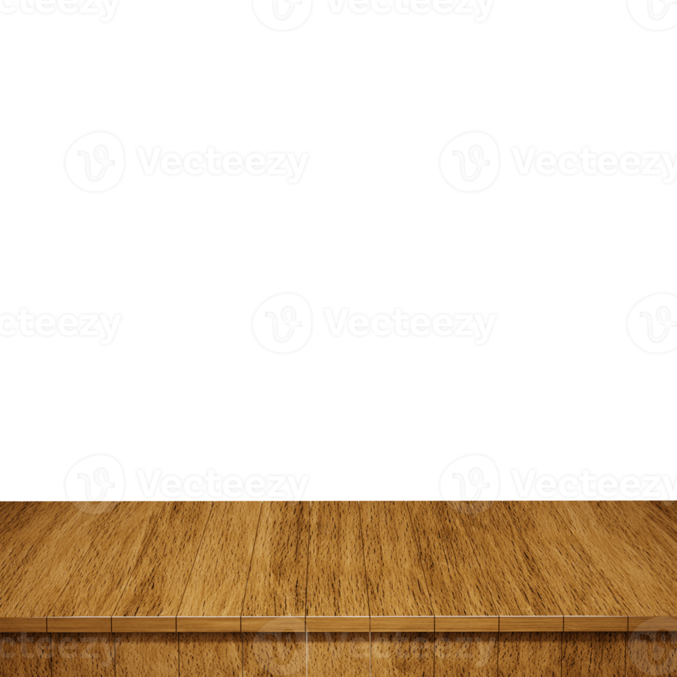 Wooden table foreground, wood table top front view 3d render isolated png