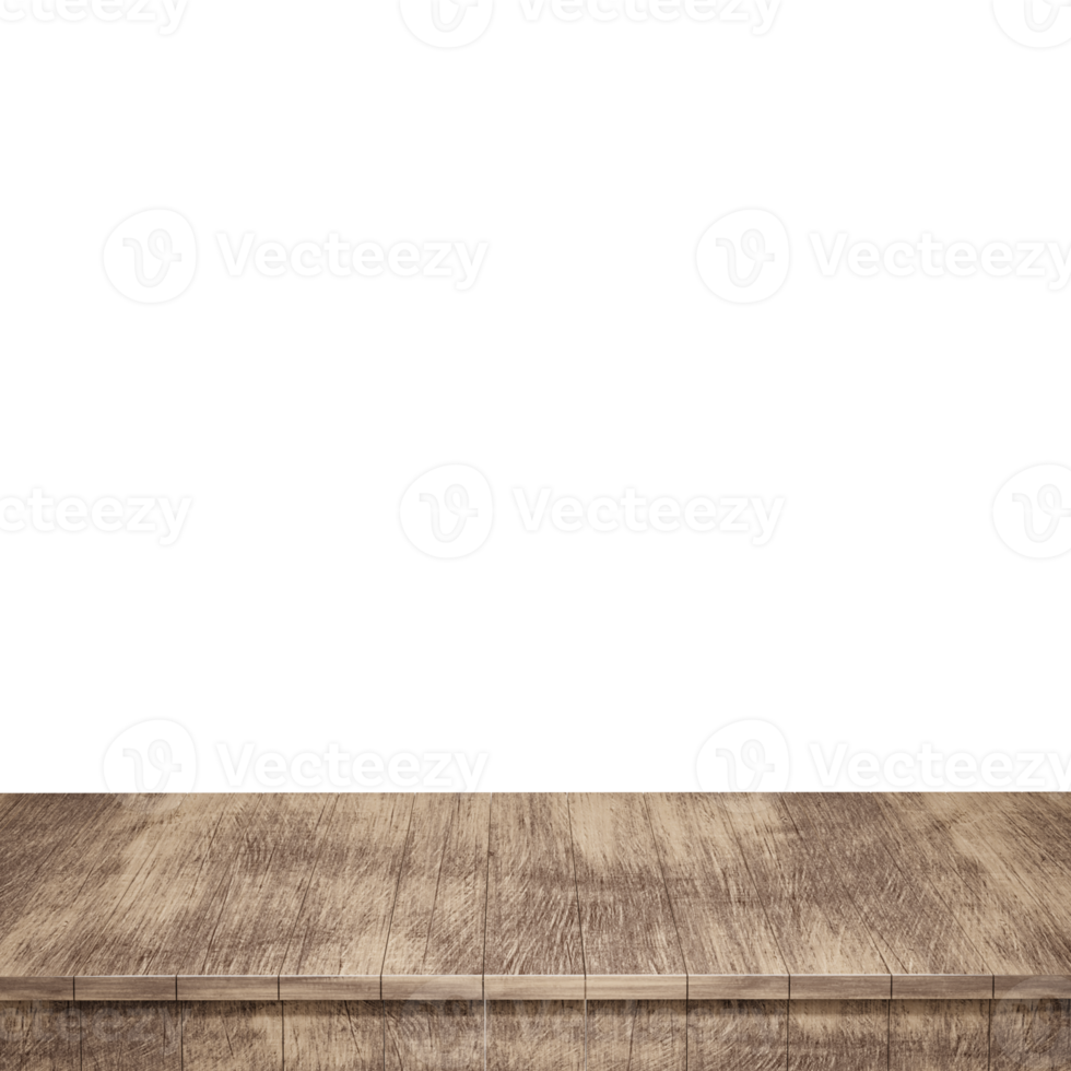 Wooden table foreground, wood table top front view 3d render isolated png