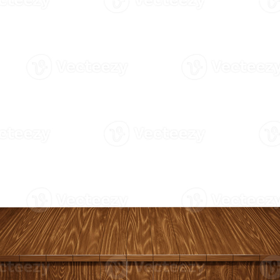 Wooden table foreground, wood table top front view 3d render isolated png