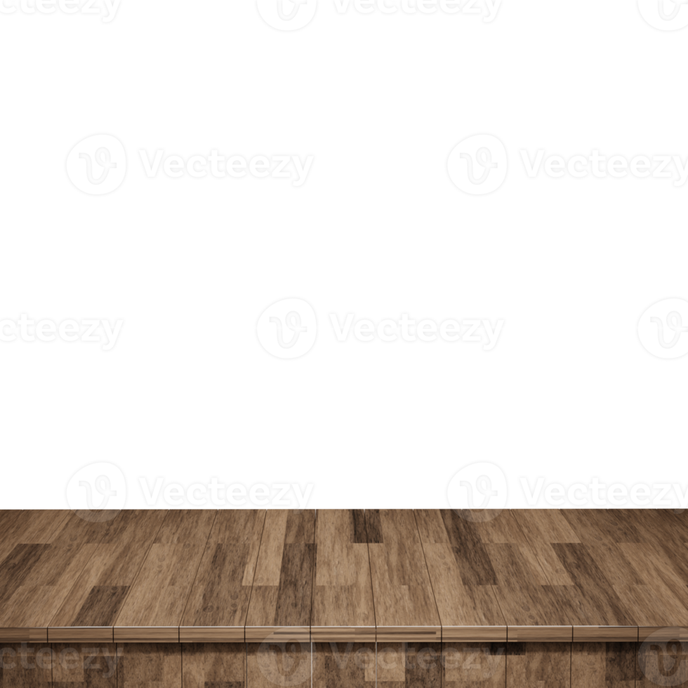 Wooden table foreground, wood table top front view 3d render isolated png