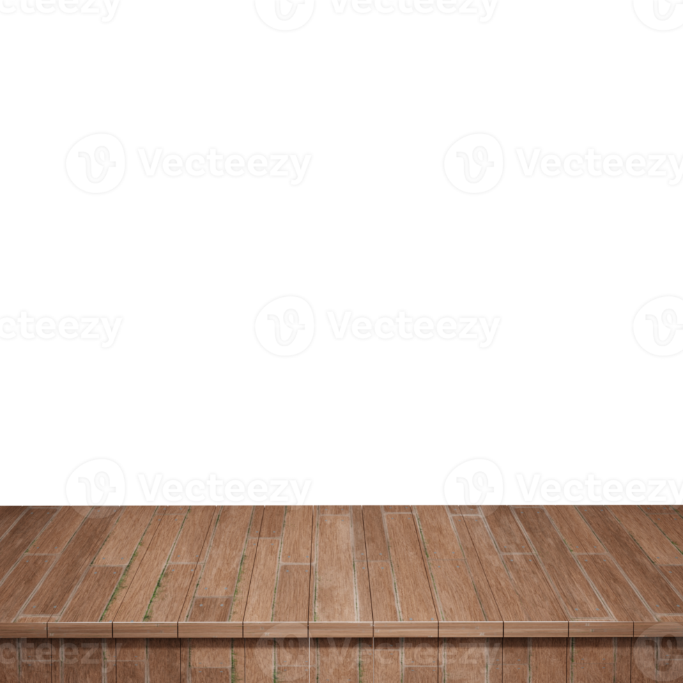 Wooden table foreground, wood table top front view 3d render isolated png