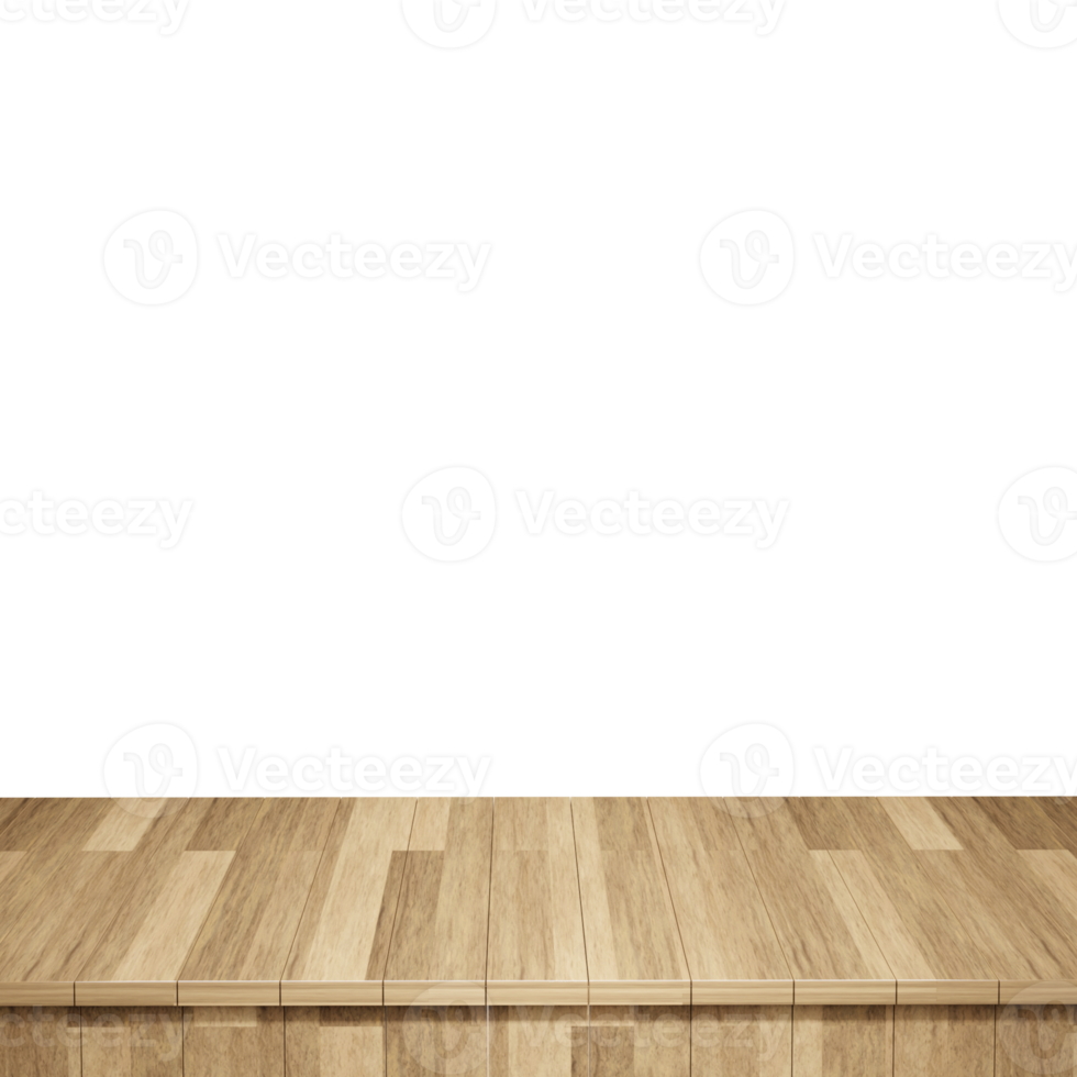 Wooden table foreground, wood table top front view 3d render isolated png