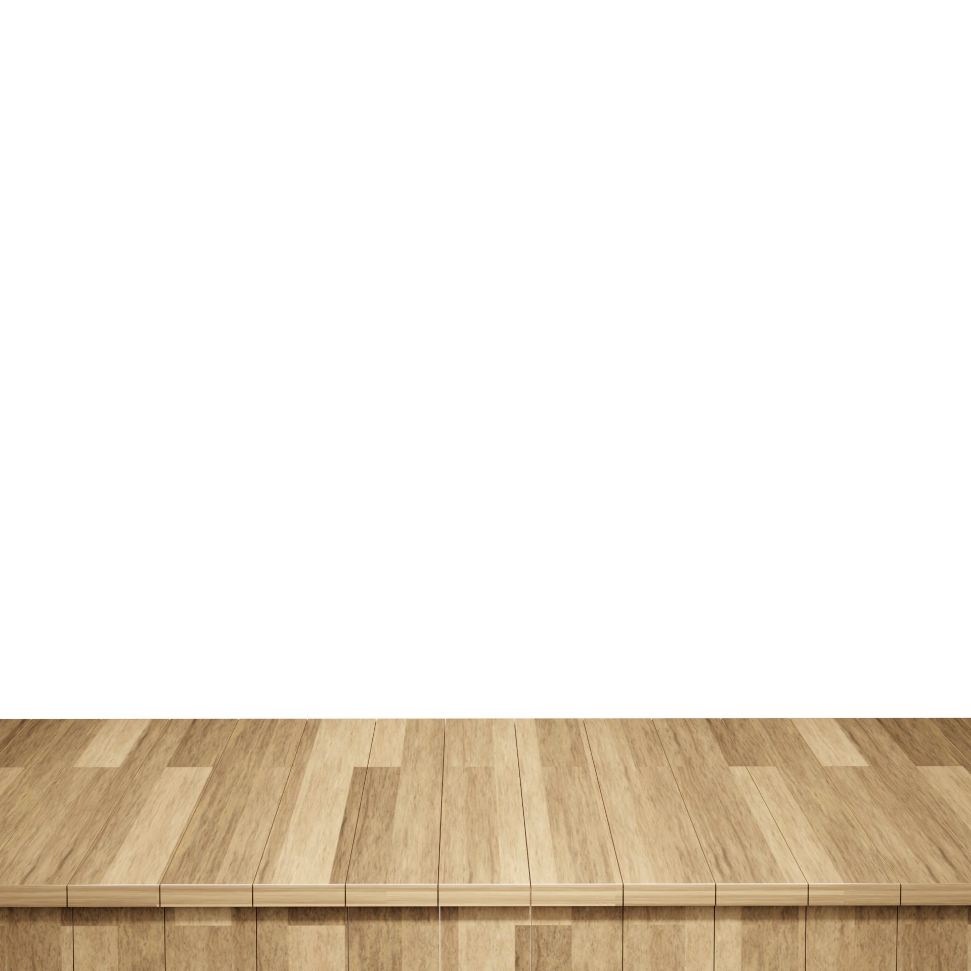 Wooden table foreground, wood table top front view 3d render isolated