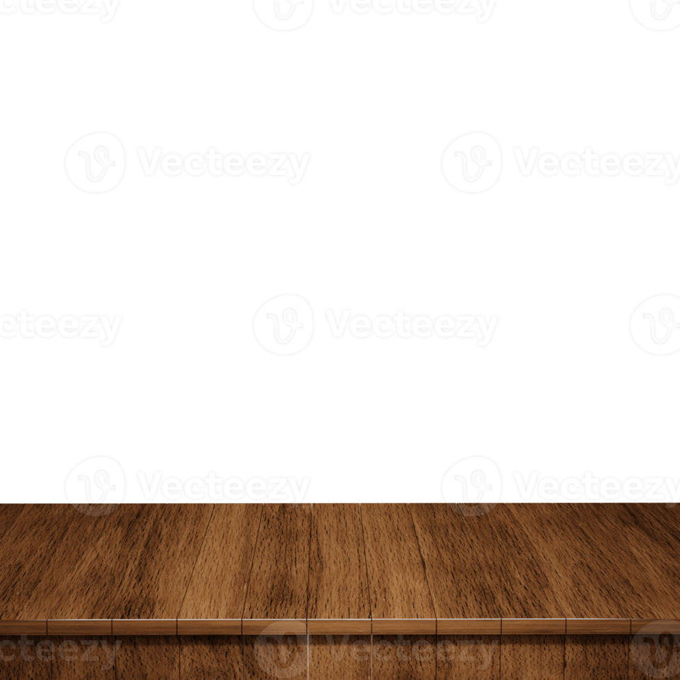 Wooden table foreground, wood table top front view 3d render isolated png