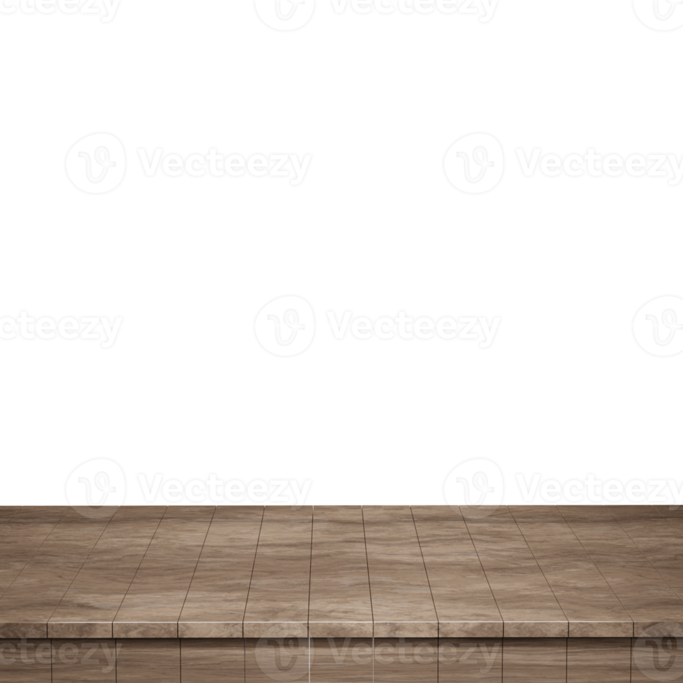 Wooden table foreground, wood table top front view 3d render isolated png