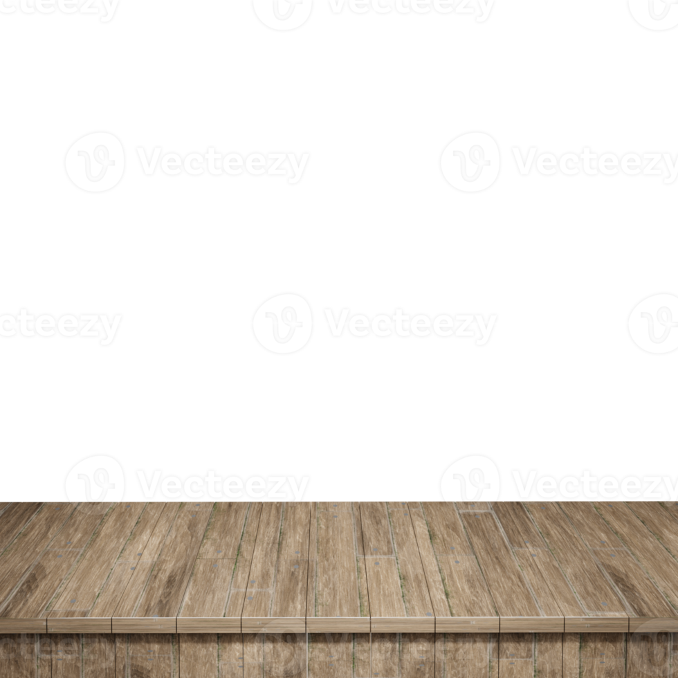 Wooden table foreground, wood table top front view 3d render isolated png