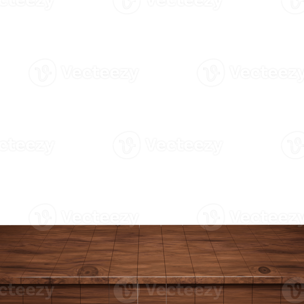 Wooden table foreground, wood table top front view 3d render isolated png