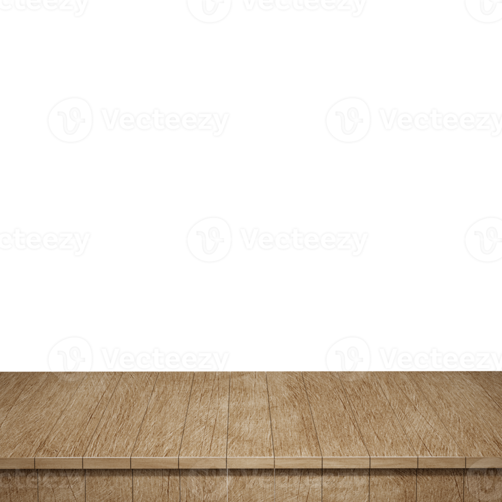 Wooden table foreground, wood table top front view 3d render isolated png