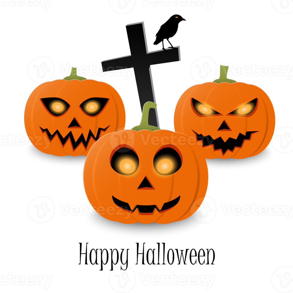 contento Halloween tipografico testo e arancia realistico tre zucca. Halloween festa aviatore design png