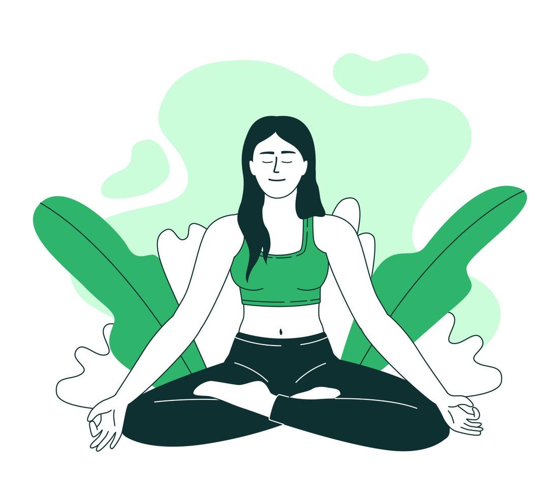 Spiritual practices 2D vector isolated linear illustration. Meditating woman thin line flat character on cartoon background. Colorful editable scene for mobile, website, presentation