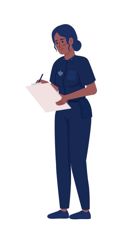 mujer oficial de policía escribiendo en el portapapeles de carácter vectorial de color semiplano. figura editable. persona de cuerpo completo en blanco. ilustración de estilo de dibujos animados simple para diseño gráfico web y animación vector