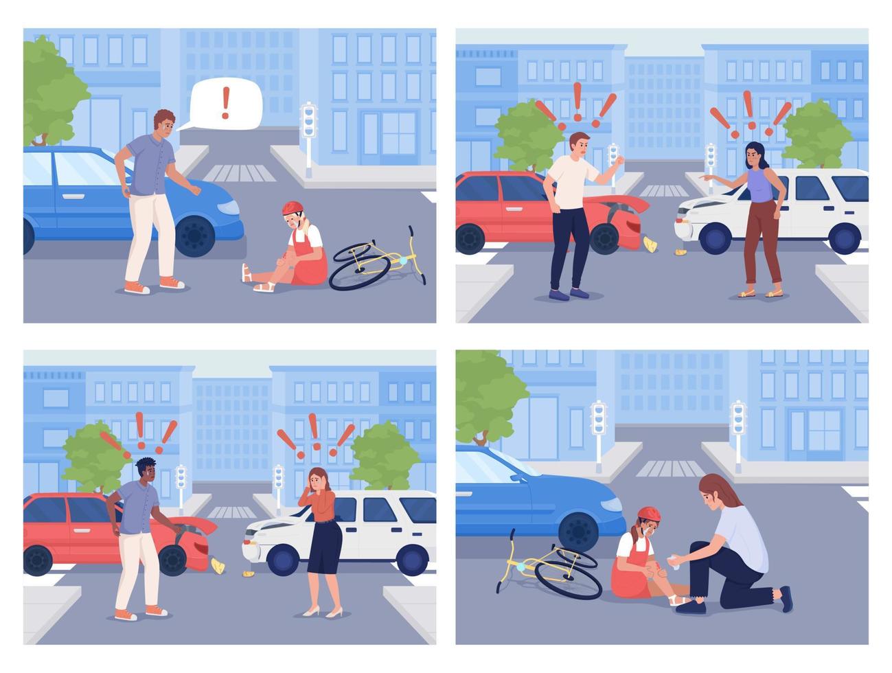 conjunto de ilustración de vector de color plano de colisión de vehículos. shock e ira posteriores al accidente. golpeando a un niño en bicicleta. colección de personajes de dibujos animados simples 2d completamente editable con paisaje urbano en el fondo