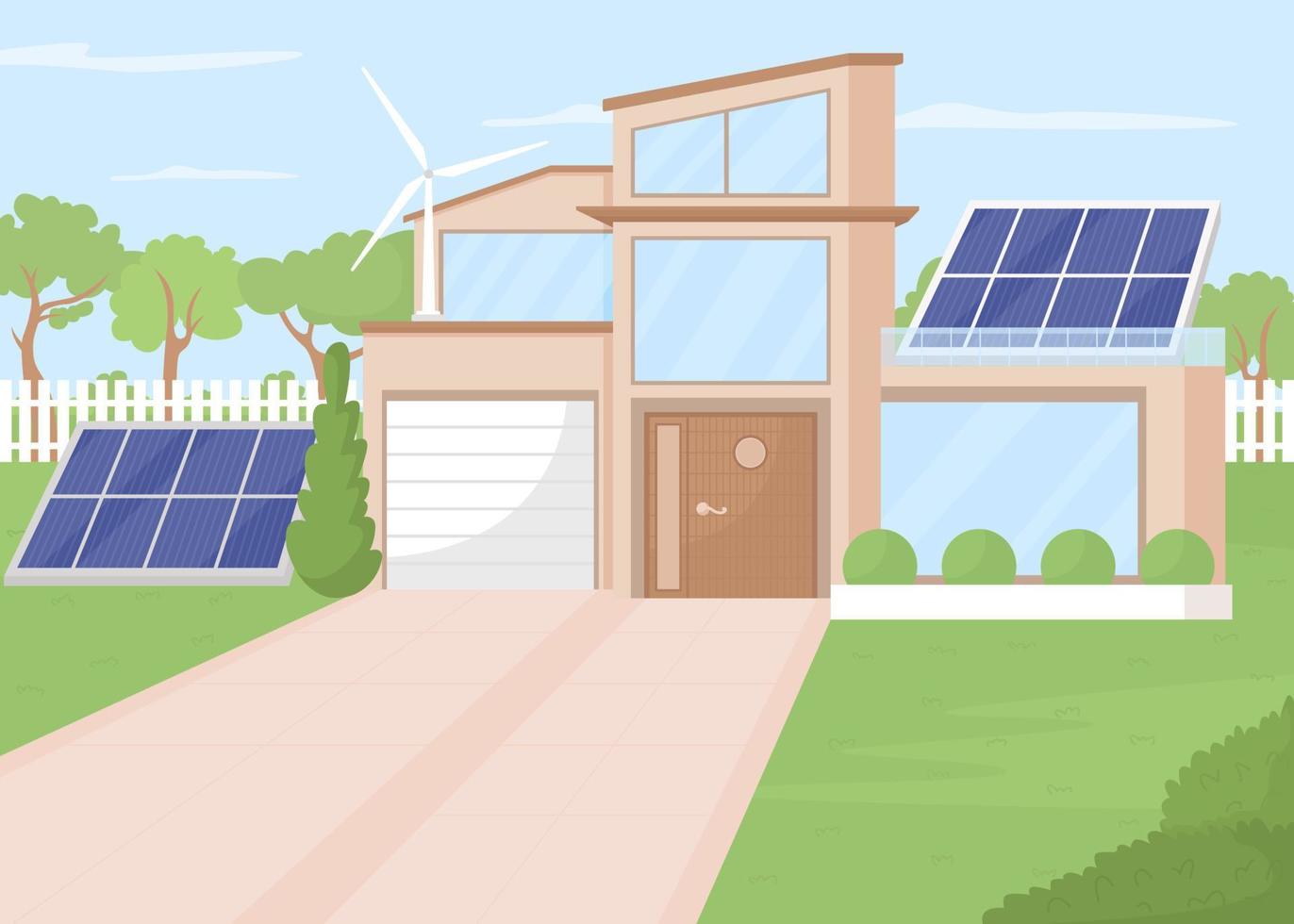 Eco house with solar panels and windmills flat color vector illustration. Renewable power sources for home needs. Fully editable 2D simple cartoon landscape with blue sky on background