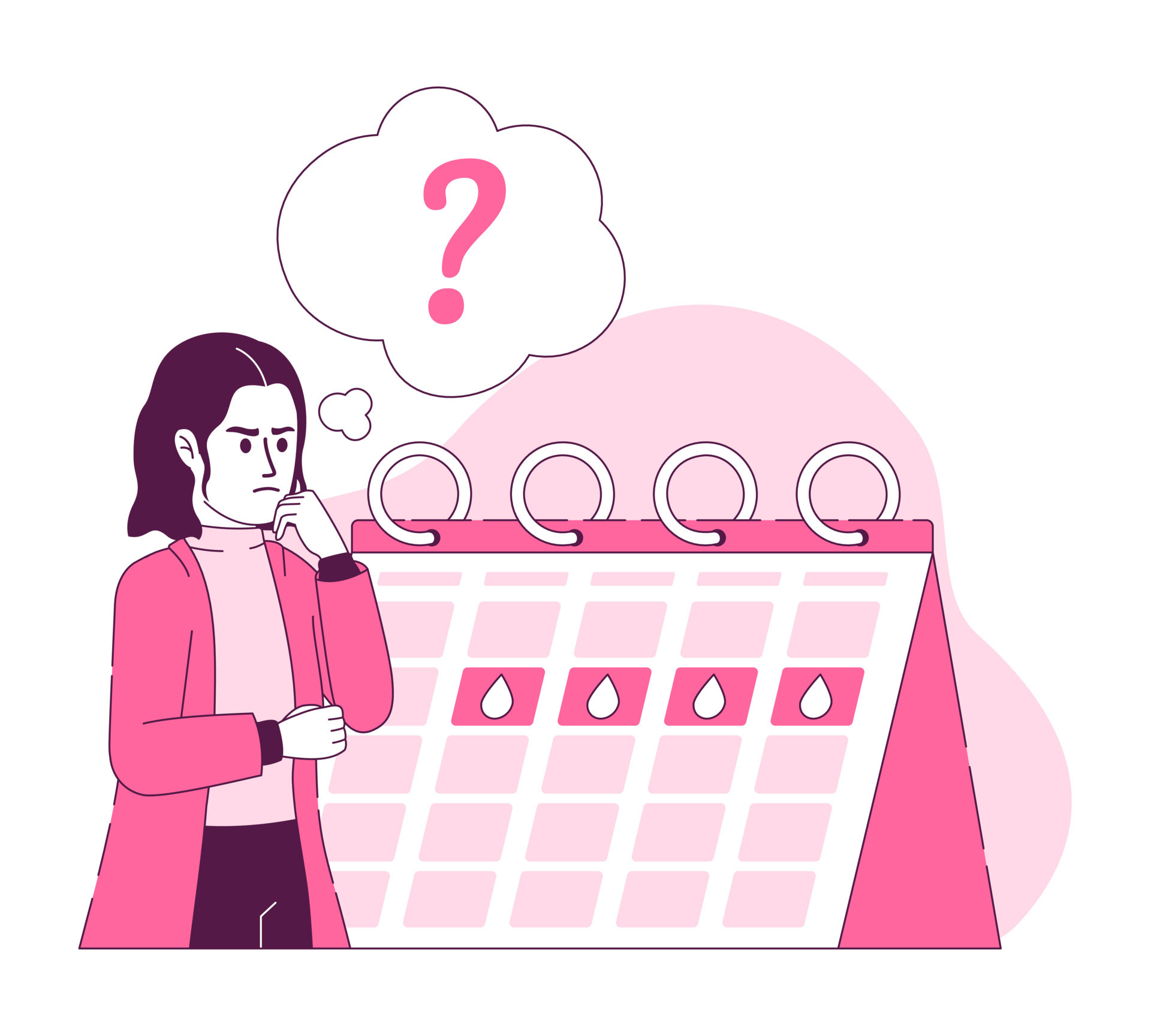 Period problem flat concept vector illustration. Thoughtful woman with