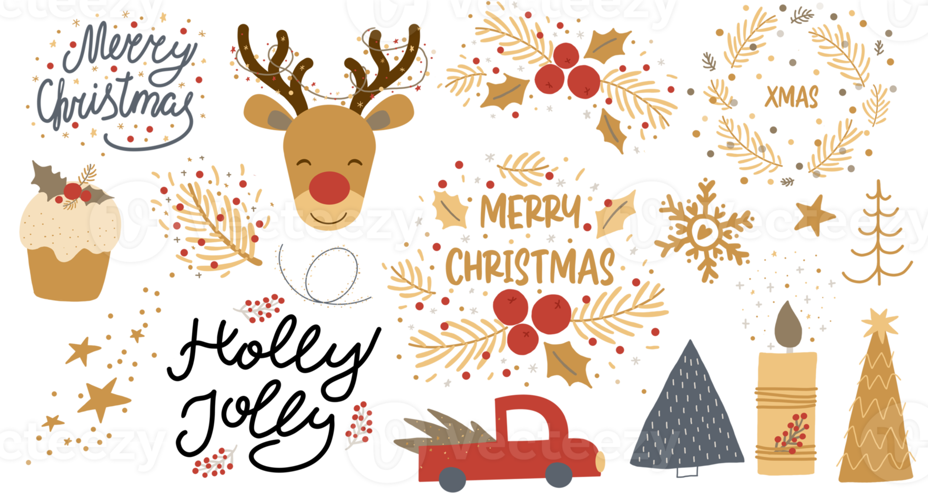 Golden Christmas elements set, red Christmas truck, tree, reindeer, holly berry, Merry Christmas handwritten lettering, snowflake stars decorative illustration. Decorative winter holiday collection png