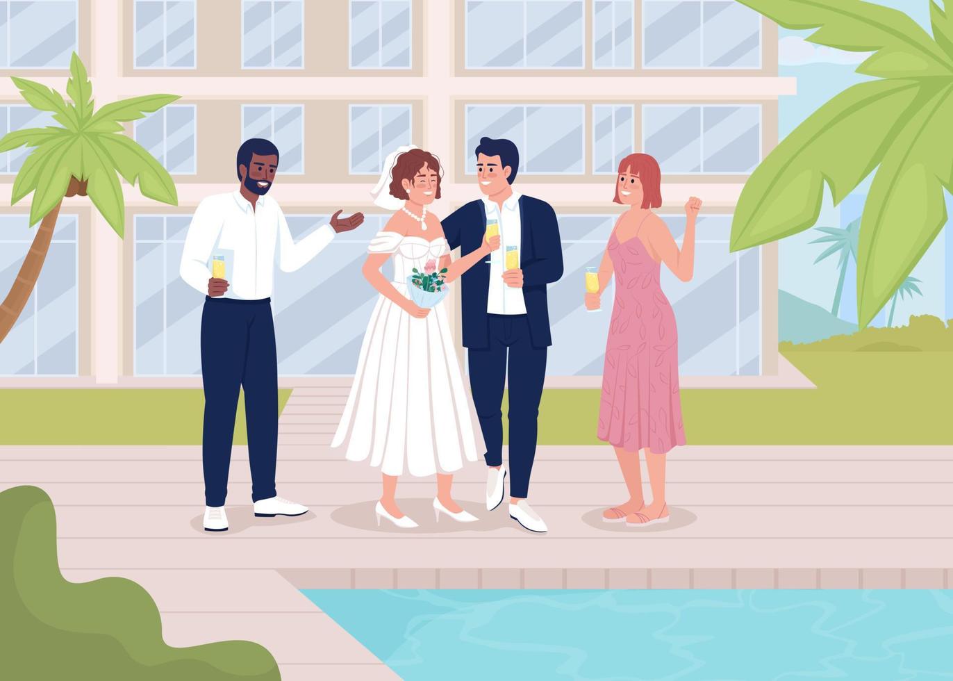 Wedding party near swimming pool flat color vector illustration. Happy event at tropical resort. Fully editable 2D simple cartoon characters with fancy building and palm trees on background